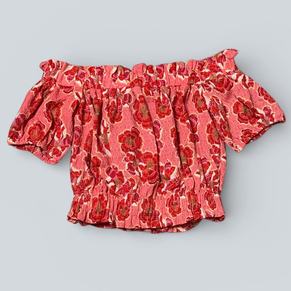 NWT LOFT Floral Crinkle Jacquard Off-the-Shoulder Top – Fresh Guava - Picture 4 of 7